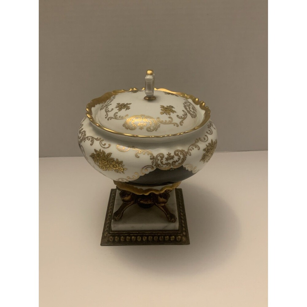 Rare Find  Porcelain Brass & Marble Bass Candy Dish With Lid . Made In Germany.